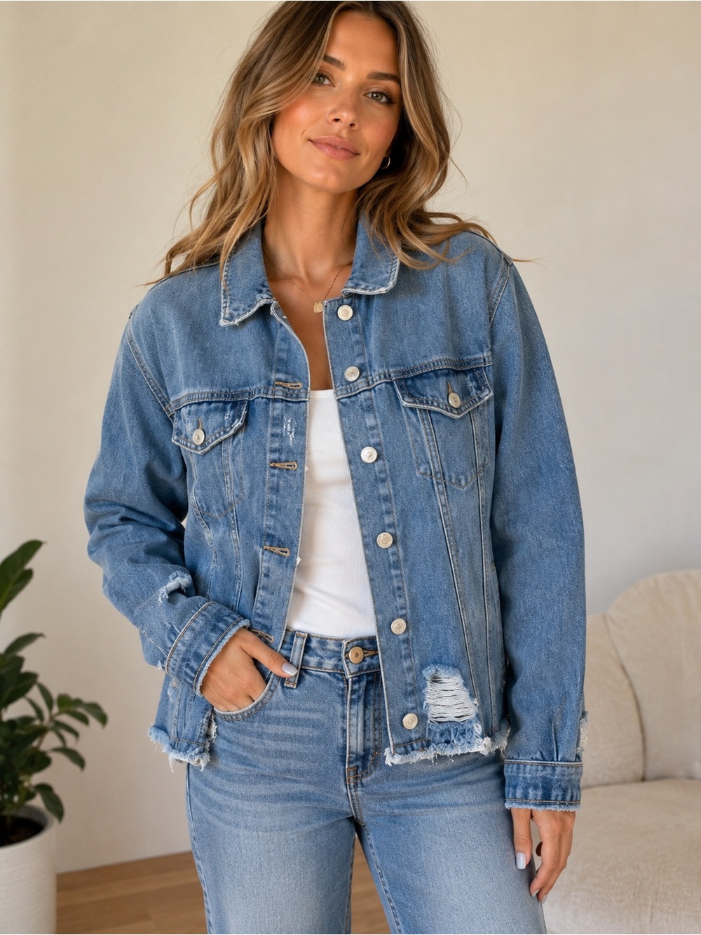 Classic Light Blue Distressed Denim Jacket